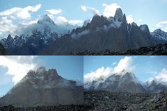 06 Clouds Clear In The Late Afternoon At Khoburtse Revealing Paiju Peak, Uli Biaho Tower, Trango Castle, Cathedral And Lobsang Spire